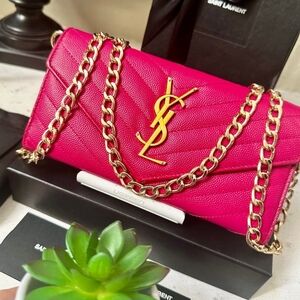 YSL Saint Laurent Chevron Monogramme Logo Flap Wallet Hot Pink